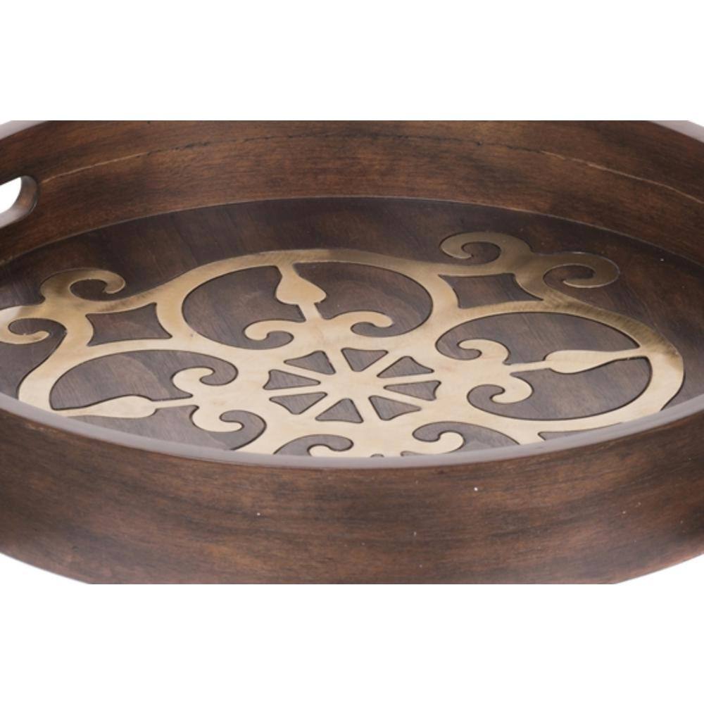 A & B Home 18 in. Raj Brass Inlaid Dark Brown Tray