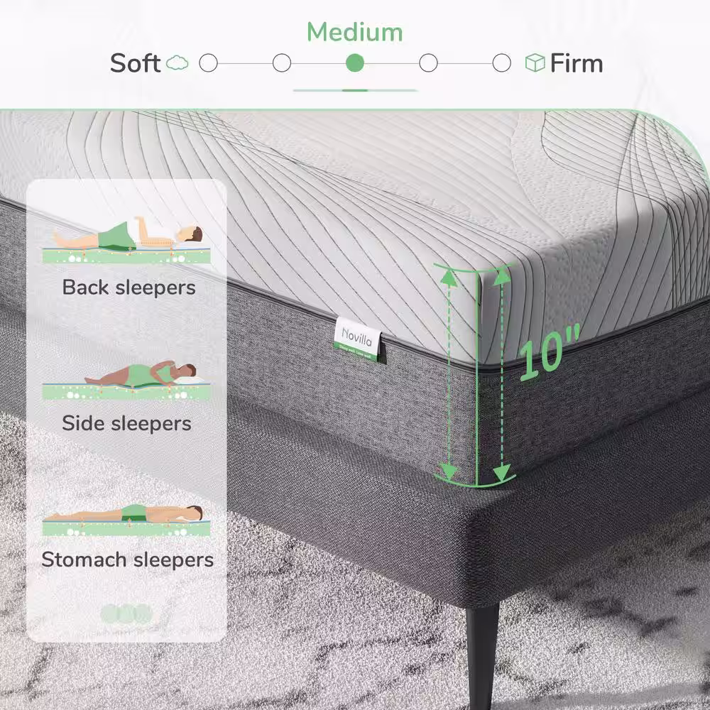 Novilla 10 in. Medium Cooling Gel Memory Foam Breathable and Support Tight Top Queen Mattress