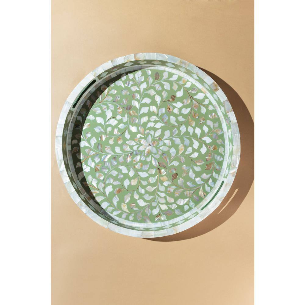 GAURI KOHLI Jodhpur Mother of Pearl Decorative Tray - Olive 18 in.