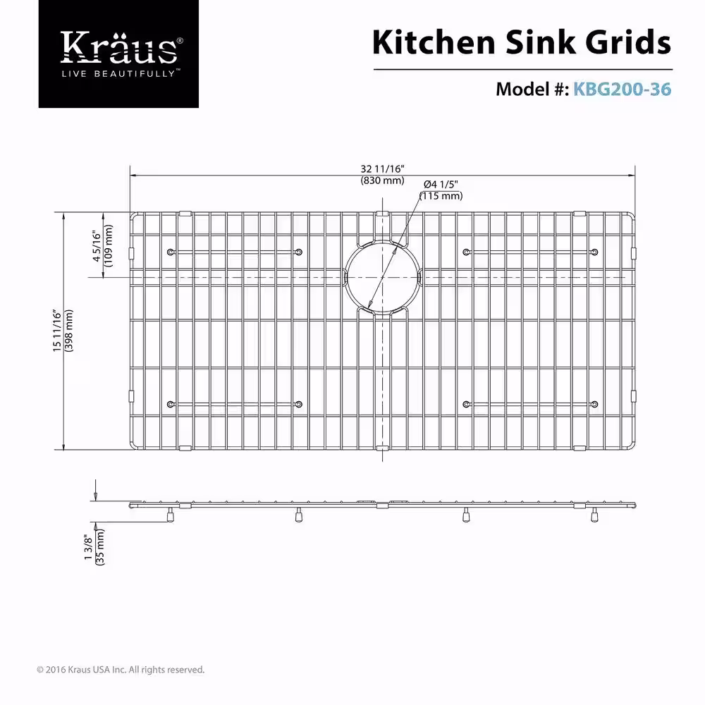 KRAUS KBG-200-36 Stainless Steel Bottom Grid for KHF200-36 Single Bowl 36 Farmhouse Kitchen Sink, 32 11/16 x 15 11/16 x 1 3/8