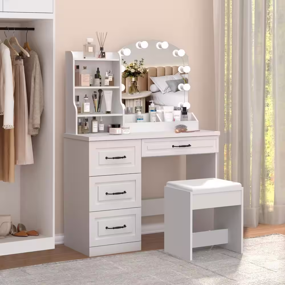 None 2-Piece White Makeup Vanity Desk Set with Drawers Lighting Mirror