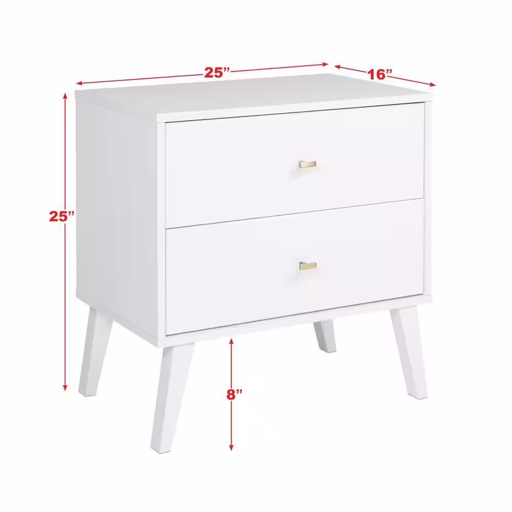 Prepac Milo Mid Century Modern 2-Drawer White Nightstand