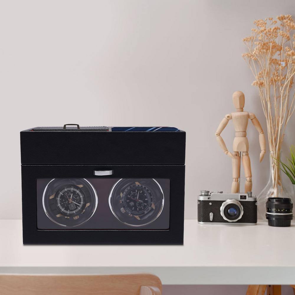 None Black PU Automatic Watch Winder with Extra Storages LED Illumination Silent Motor Flexible Watch Pillow