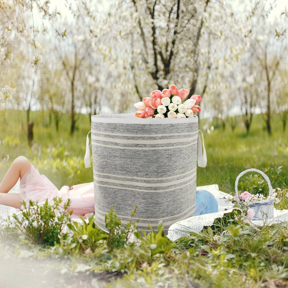 LR Home Valerie Farmhouse Triple Stripe Gray / White Polyester Indoor Outdoor Storage Basket