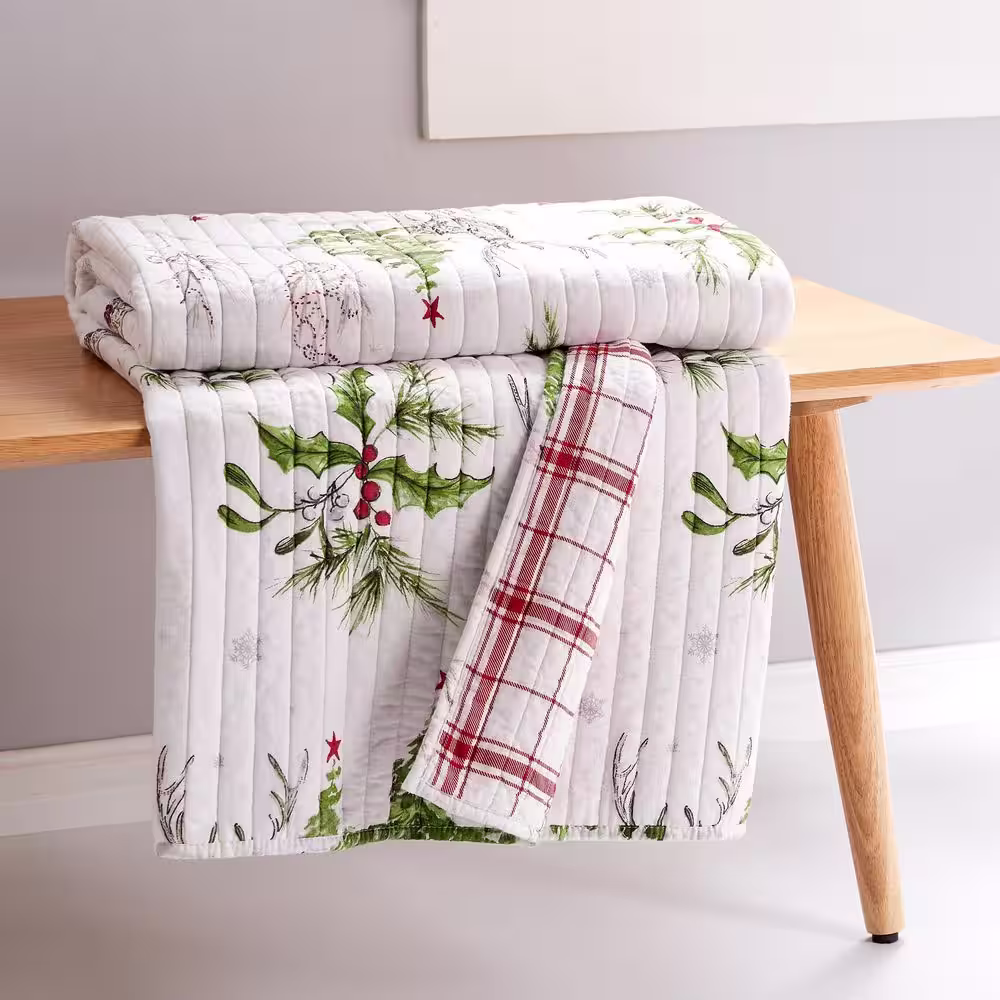 None Villa Lugano Sleigh Bells Multicolor Woodland/Plaid Quilted Cotton Front/Microfiber Back Throw Blanket