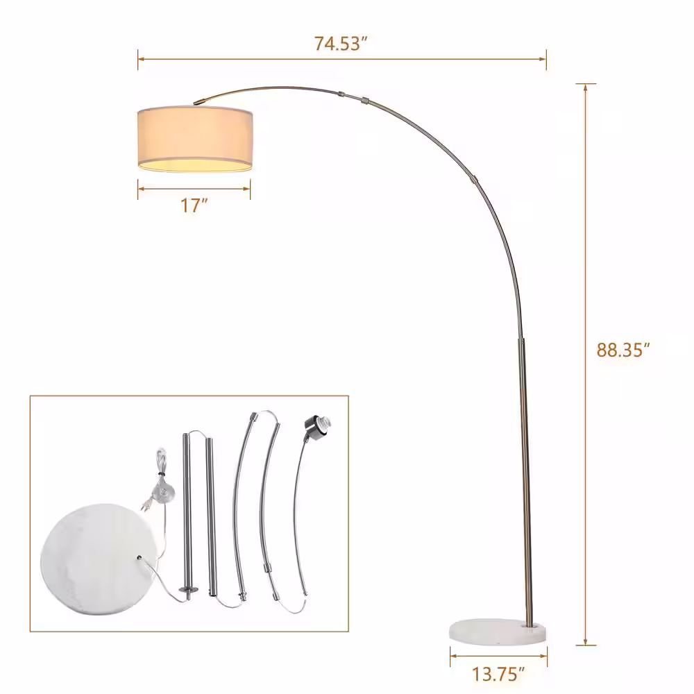 None 88 in. H Brushed Nickle Reading Silver Arc Floor Lamp with 2-Linen Drum Shade and Marble Base, Perfect for Living Room