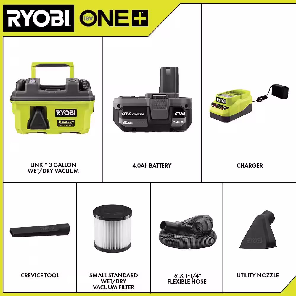 RYOBI ONE+ 18V LINK Cordless 3 Gal. Wet/Dry Vacuum Kit with 4.0 Ah Battery and 18V Charger