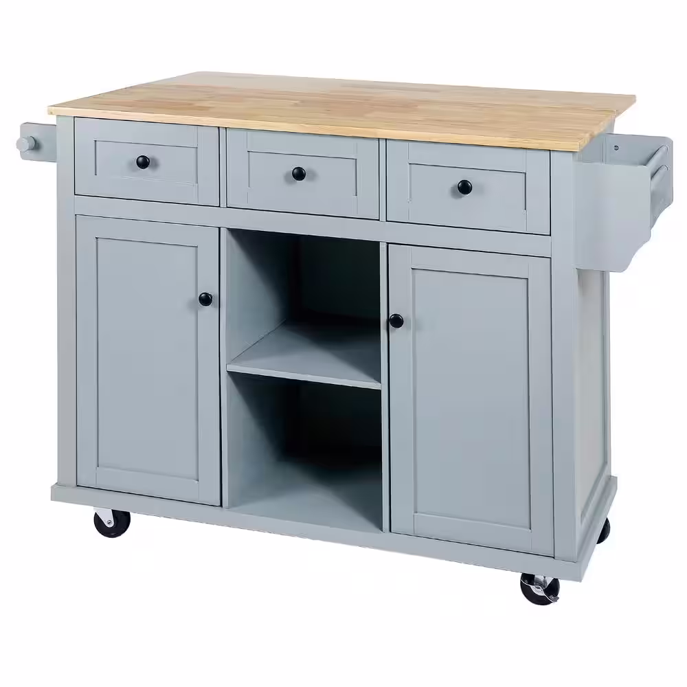 None Blue Nordic Foldable Rubber Wood Drop-Leaf Countertop 53.1 in. W Kitchen Island on Wheels with Storage Cabinet