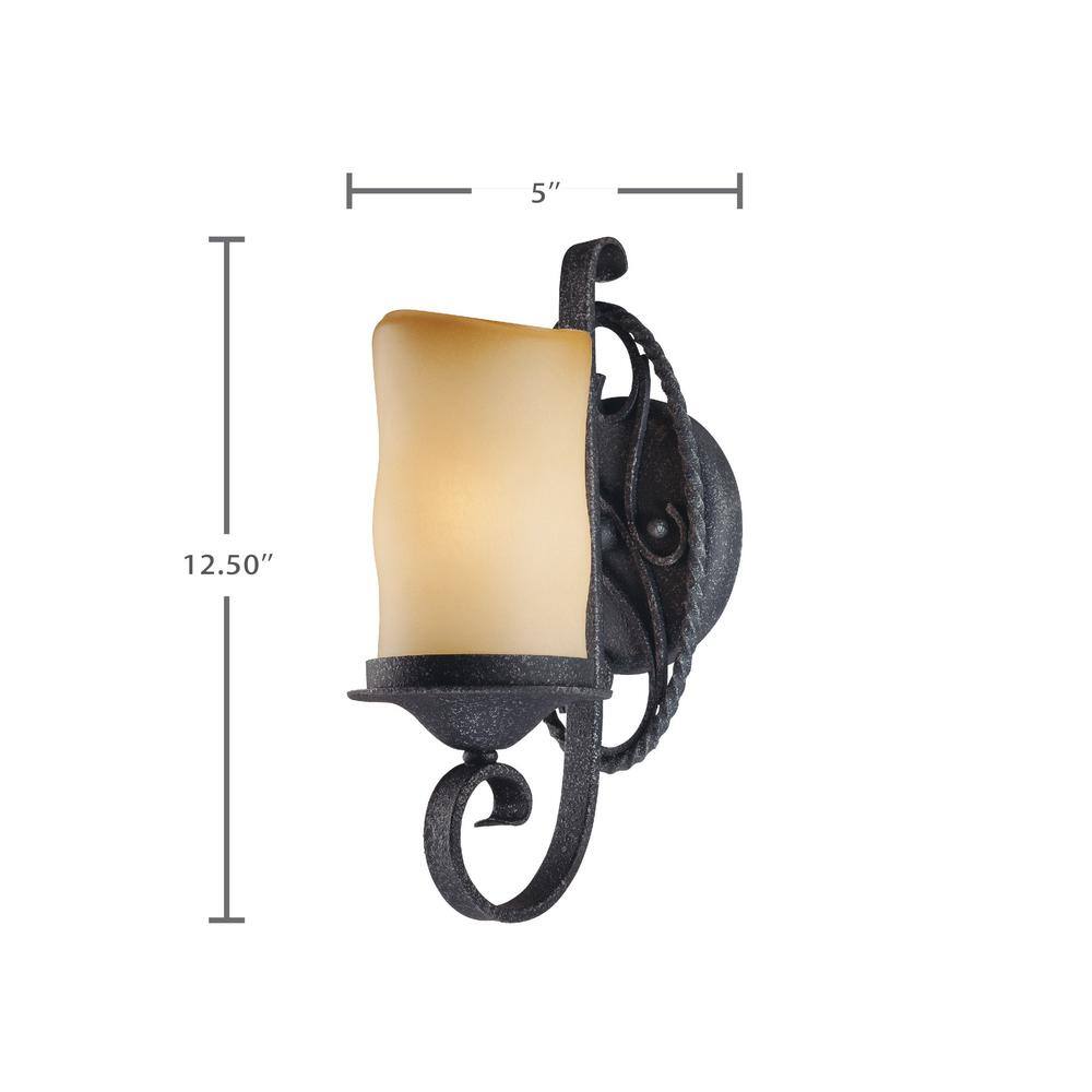 Volume Lighting Sevilla 1-Light Indoor Antique Wrought Iron Bath / Vanity Wall Mount Sconce w/ Candle-Shaped Sandstone Glass Shade