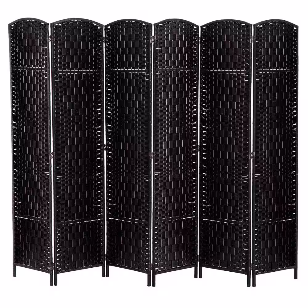 HOMCOM 6 in. Black Wood 6 -anel Wicker Weave Room Divider Privacy Screen