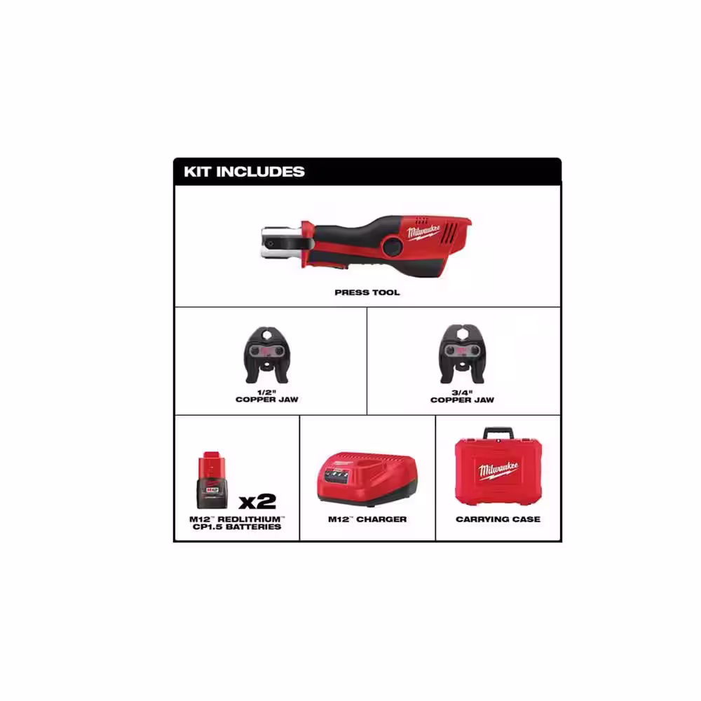 Milwaukee M12 12-Volt Lithium-Ion Force Logic Cordless Press Tool 2 Jaw Kit w/ 1.5 Ah Battery and Hard Case