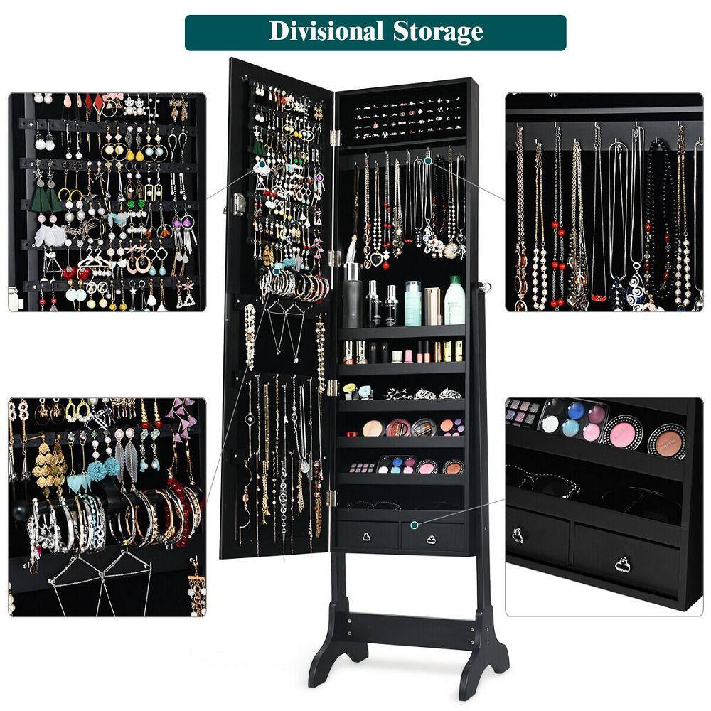 Costway Black MDF Door Mounted Glass Jewelry Cabinet Storage Organizer