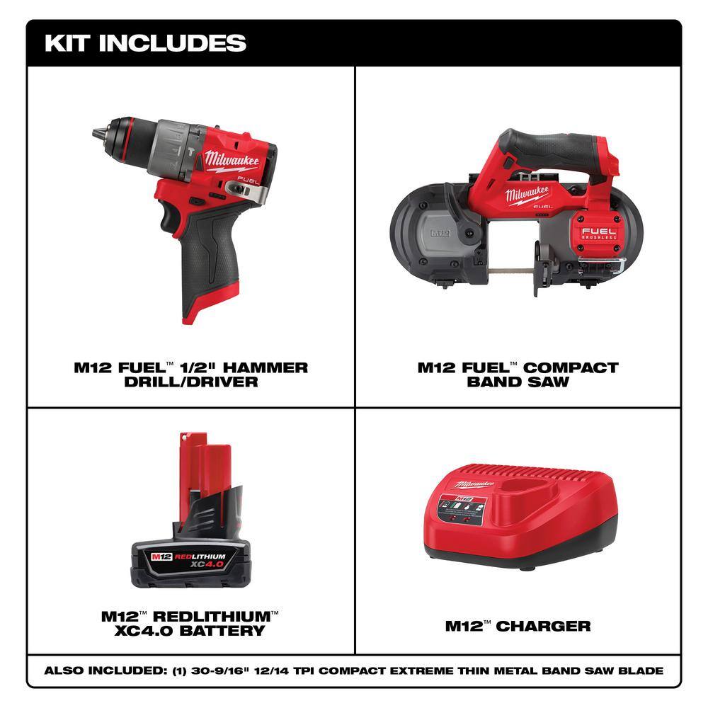 Milwaukee M12 FUEL 12-Volt Lithium-Ion Brushless Cordless 1/2 in. Hammer Drill & M12 FUEL Compact Band Saw with Battery & Charger