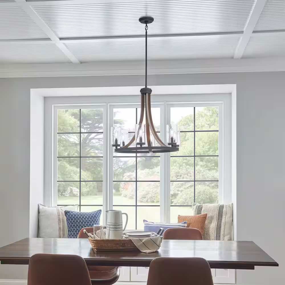 KICHLER Grand Bank 25 in. 6-Light Auburn Stained Wood and Black Farmhouse Shaded Round Chandelier for Dining Room