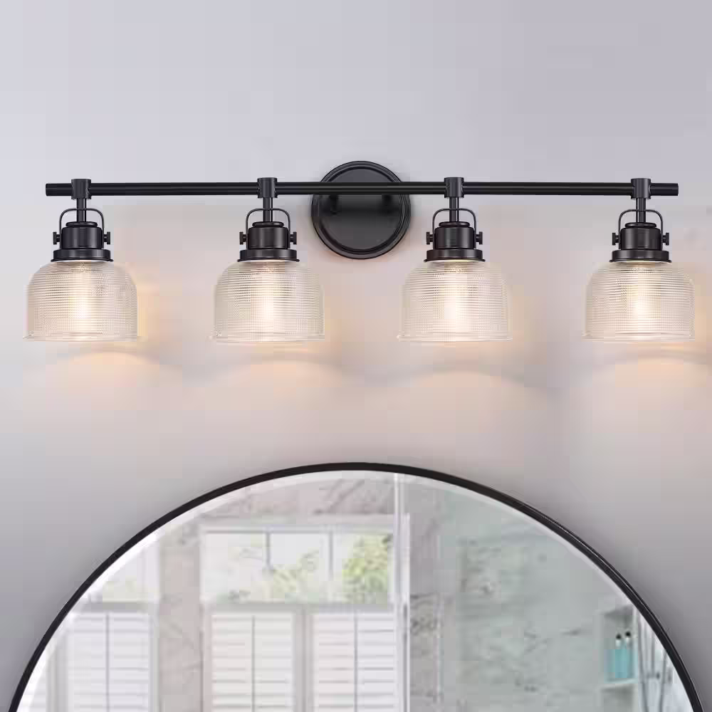 TRUE FINE 33 in. 4-Light Black Bathroom Vanity Light with Clear Prismatic Glass Shade