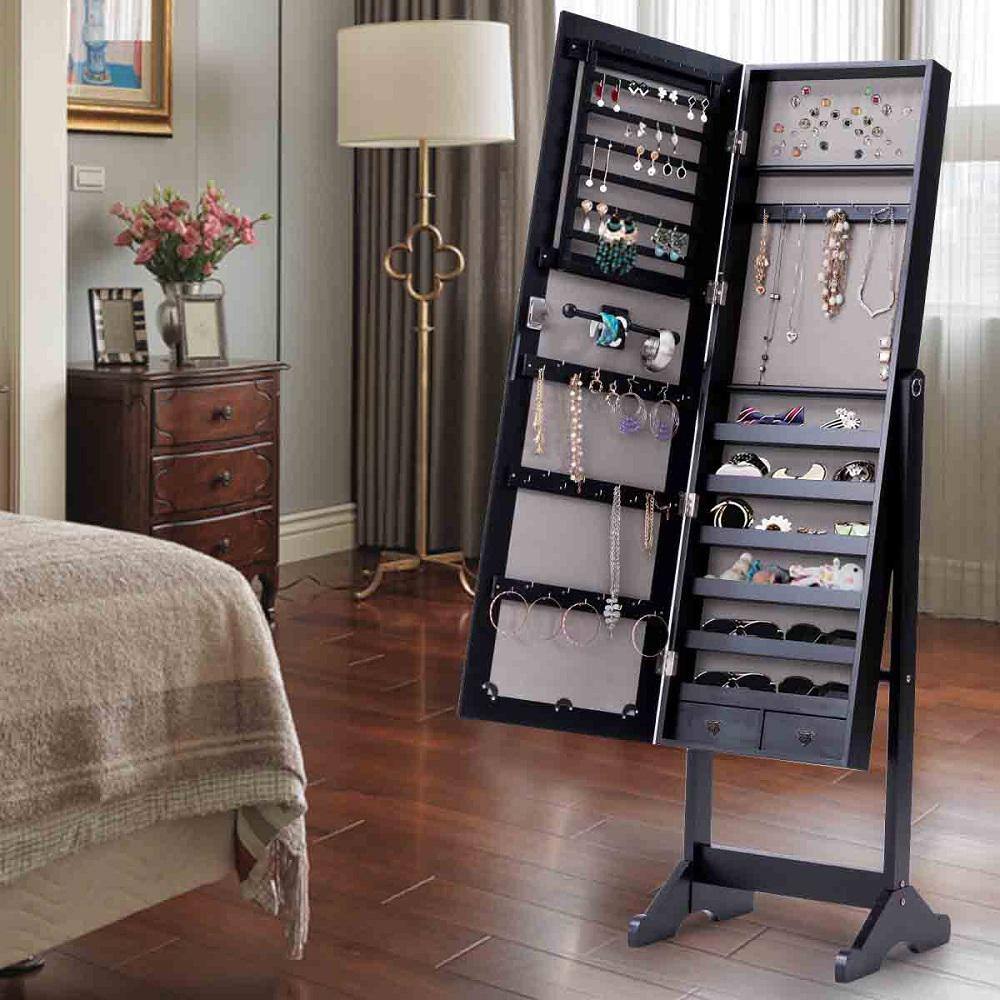 HONEY JOY Black Armoire Mirrored Jewelry Cabinet Dressing Storage Box Jewelry Organizer w/Drawers