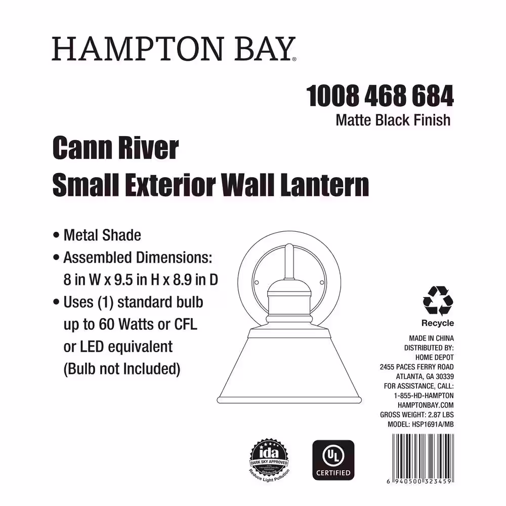 Hampton Bay Cann River 9.5 in. Matte Black Outdoor Wall Lantern Sconce Light with Metal Shade