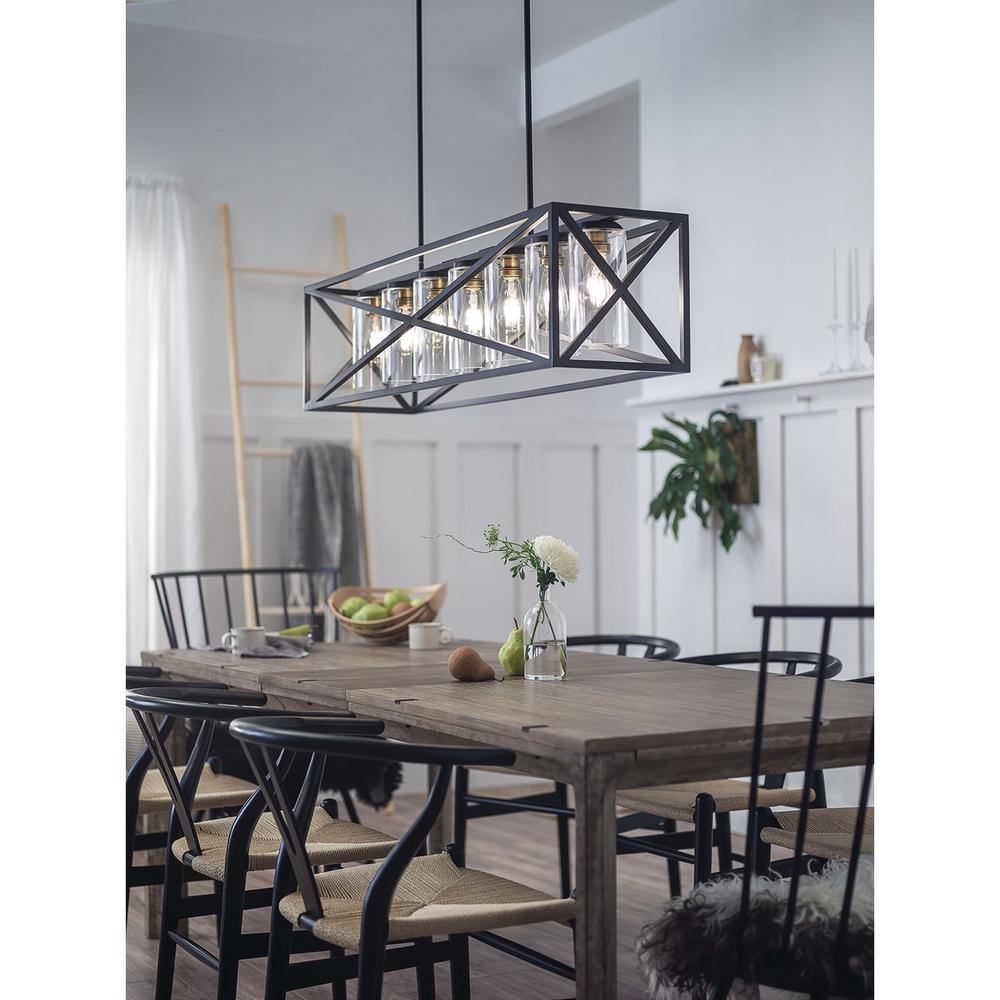KICHLER Moorgate 36 in. 5-Light Black Farmhouse Shaded Cage Linear Chandelier for Dining Room