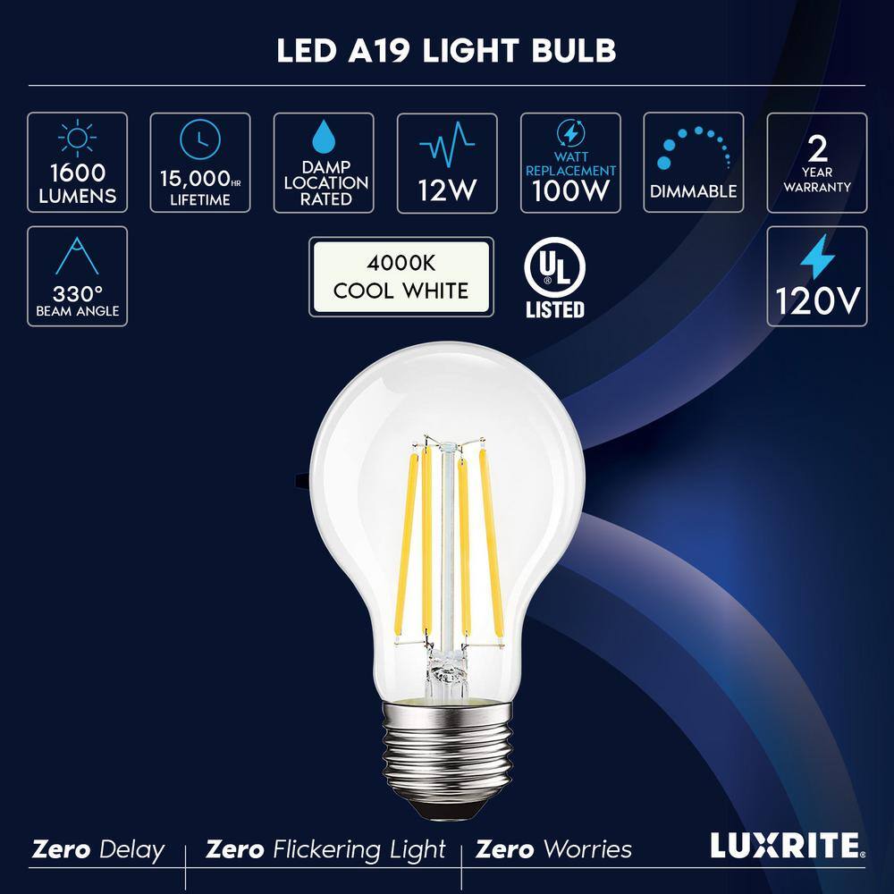 None 100-Watt Equivalent A19 1600 Lumens Dimmable E26 Edison LED Light Bulb 12-Watt Damp Rated UL 4000K Cool White (6-Pack)