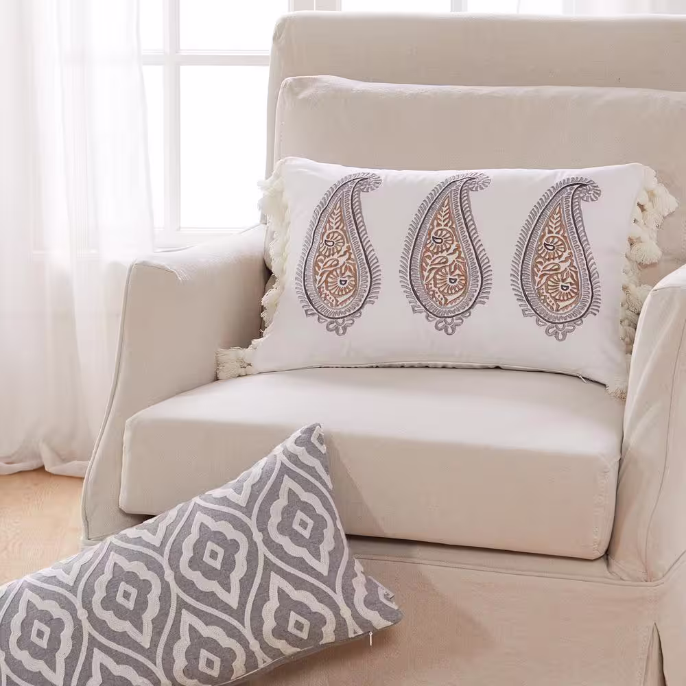 None Tamsin Grey, Off-White Embroidered Trellis Design 24 in. x 12 in. Throw Pillow