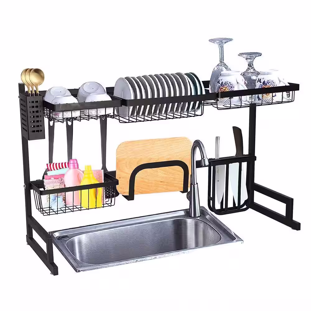 None Over The Sink Dish Drying Rack Stainless Steel Kitchen Supplies Storage Shelf Drainer Organizer, 35