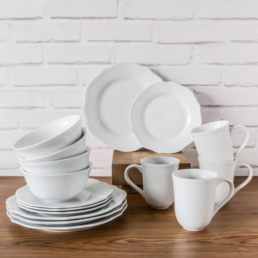 Over and Back 16-Piece Casual White Porcelain Dinnerware Set (Service for 4)