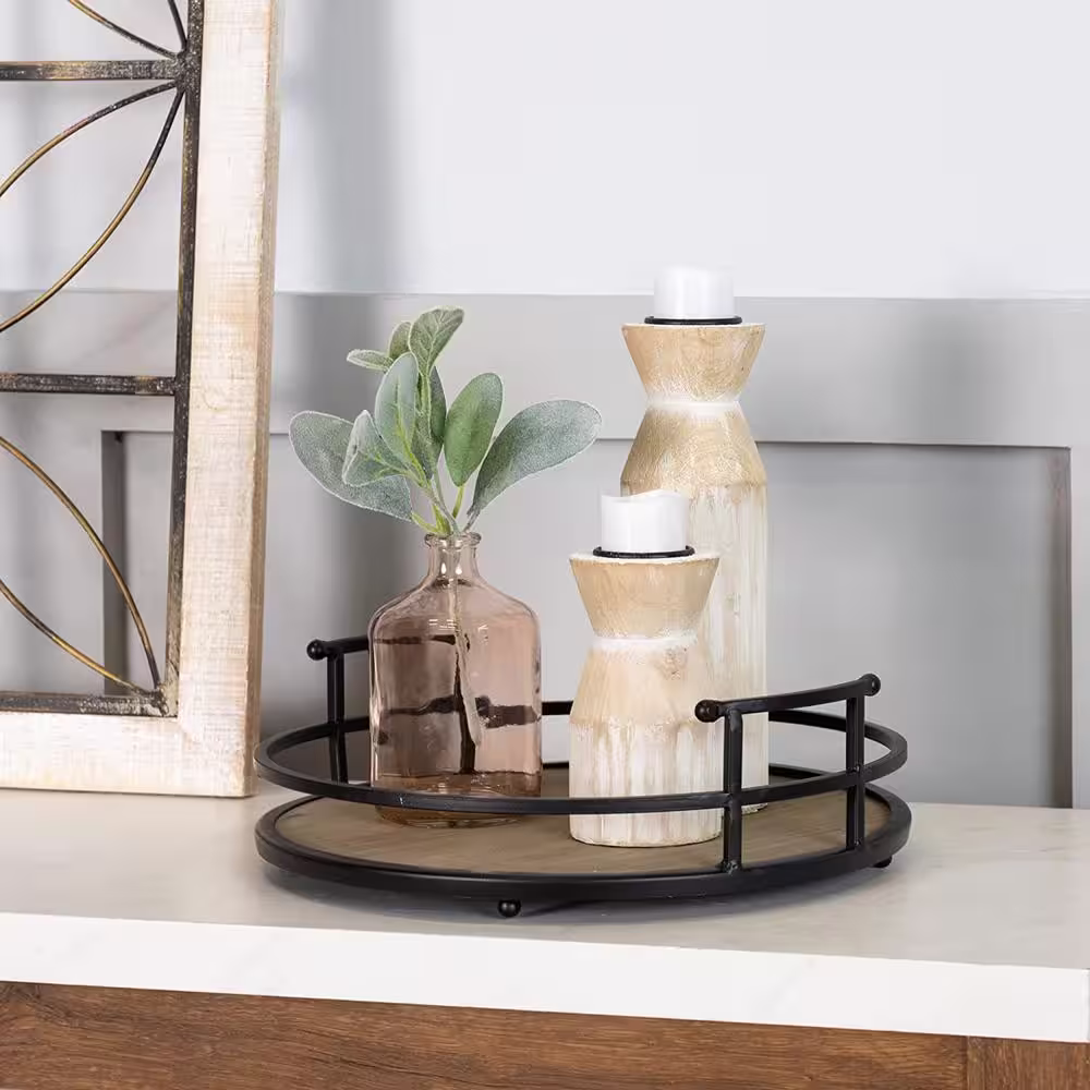 None 12 in. L Black Round Tabletop Tray for Table Decoration