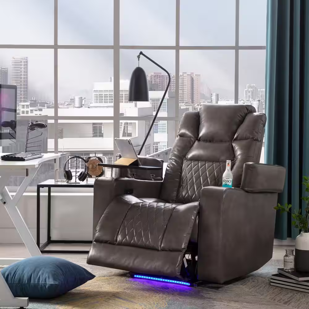 None Gray Power Motion Recliner, Home Theater Seating with 2-Cup Holders Swivel Tray Table USB Charging Port and Arm Storage