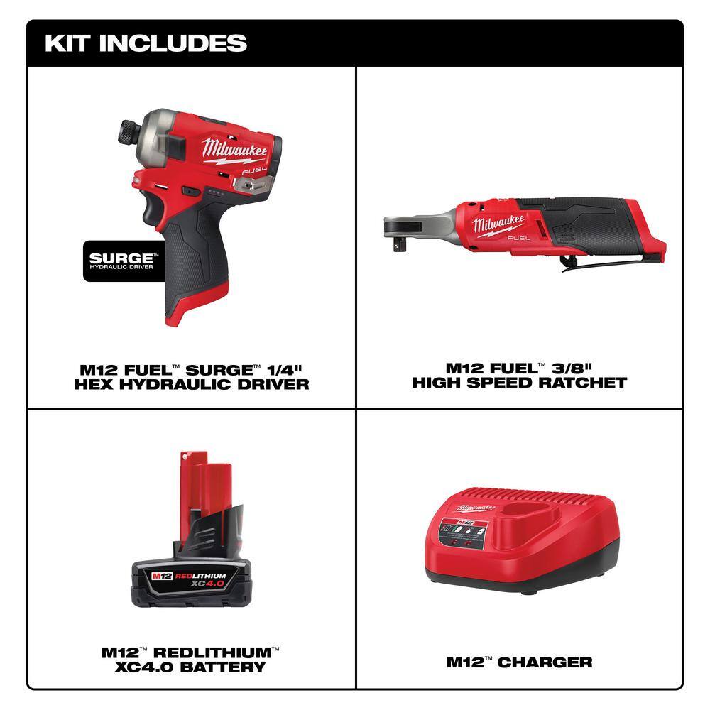 Milwaukee M12 FUEL SURGE 12V Lithium-Ion Brushless Cordless 1/4 in. Impact Driver & M12 FUEL 3/8 in. Ratchet w/Battery & Charger
