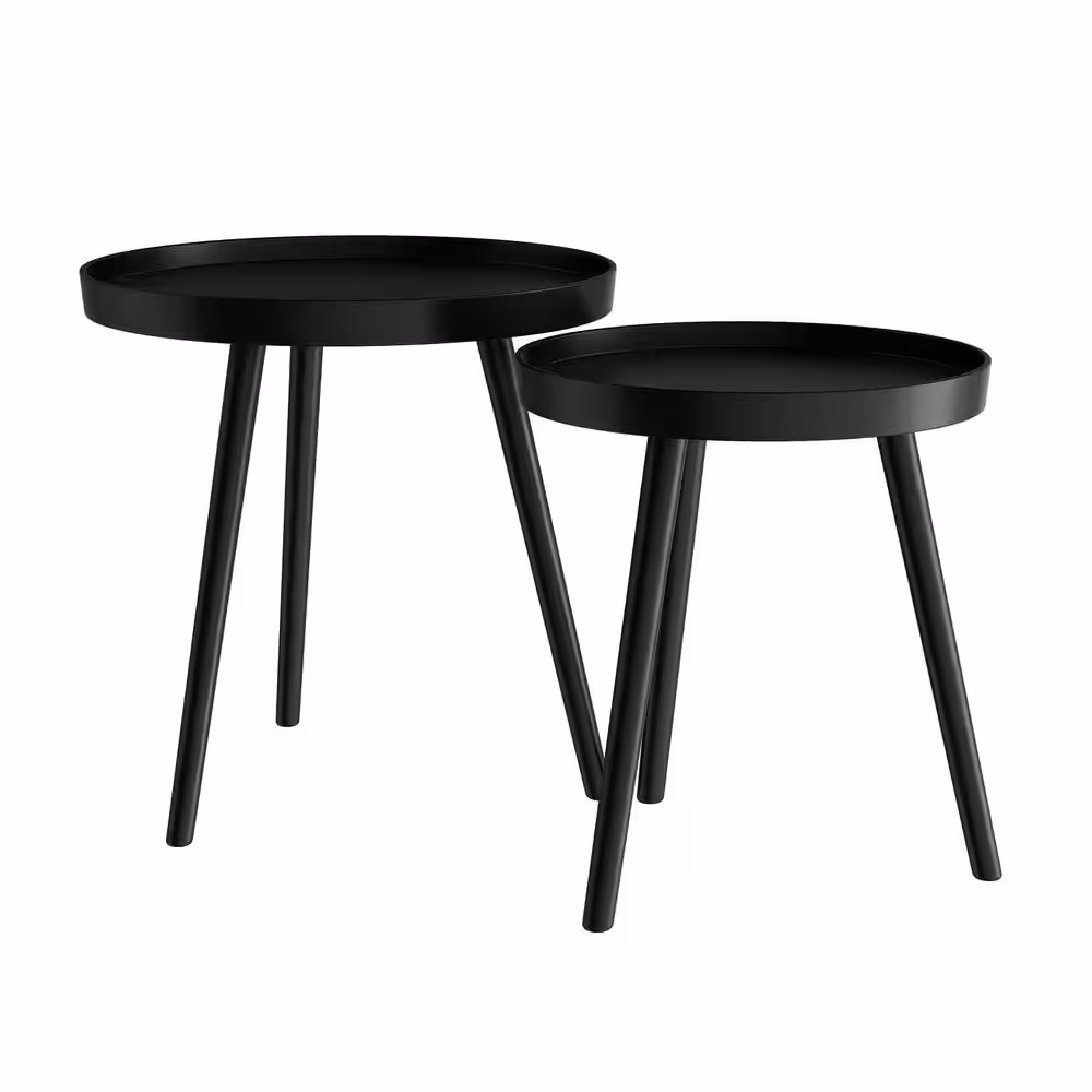 Lavish Home Wooden Nesting Round Tray Top Matte Black Side Tables (Set of 2)