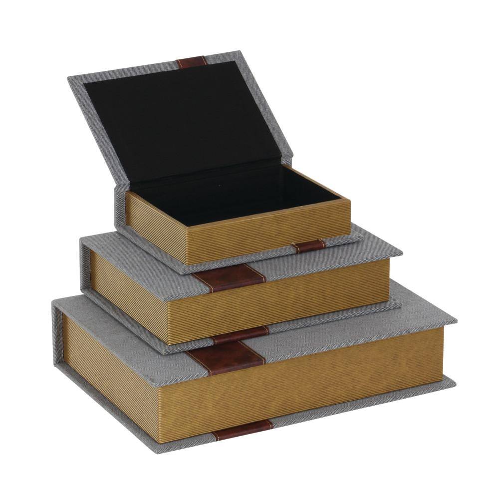 Litton Lane Rectangle Linen Faux Book Box with Faux Leather Detailing (Set of 3)