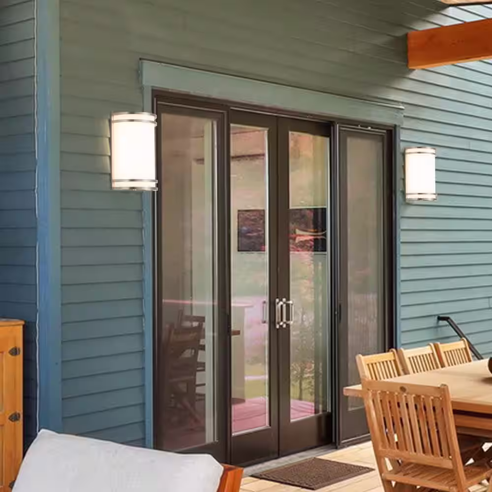 None 1-Light Satin Nickel Aluminum 15-Watt LED Radar Sensor Outdoor Wall Light with Acrylic Shade