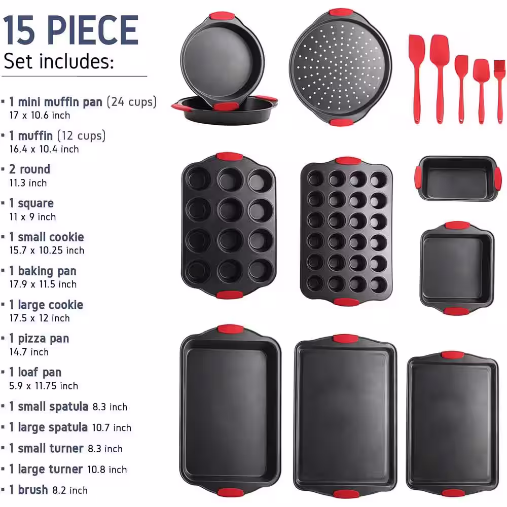 EATEX 39-Piece Nonstick Black Steel Bakeware Set with Red Utensil and Silicone Handles