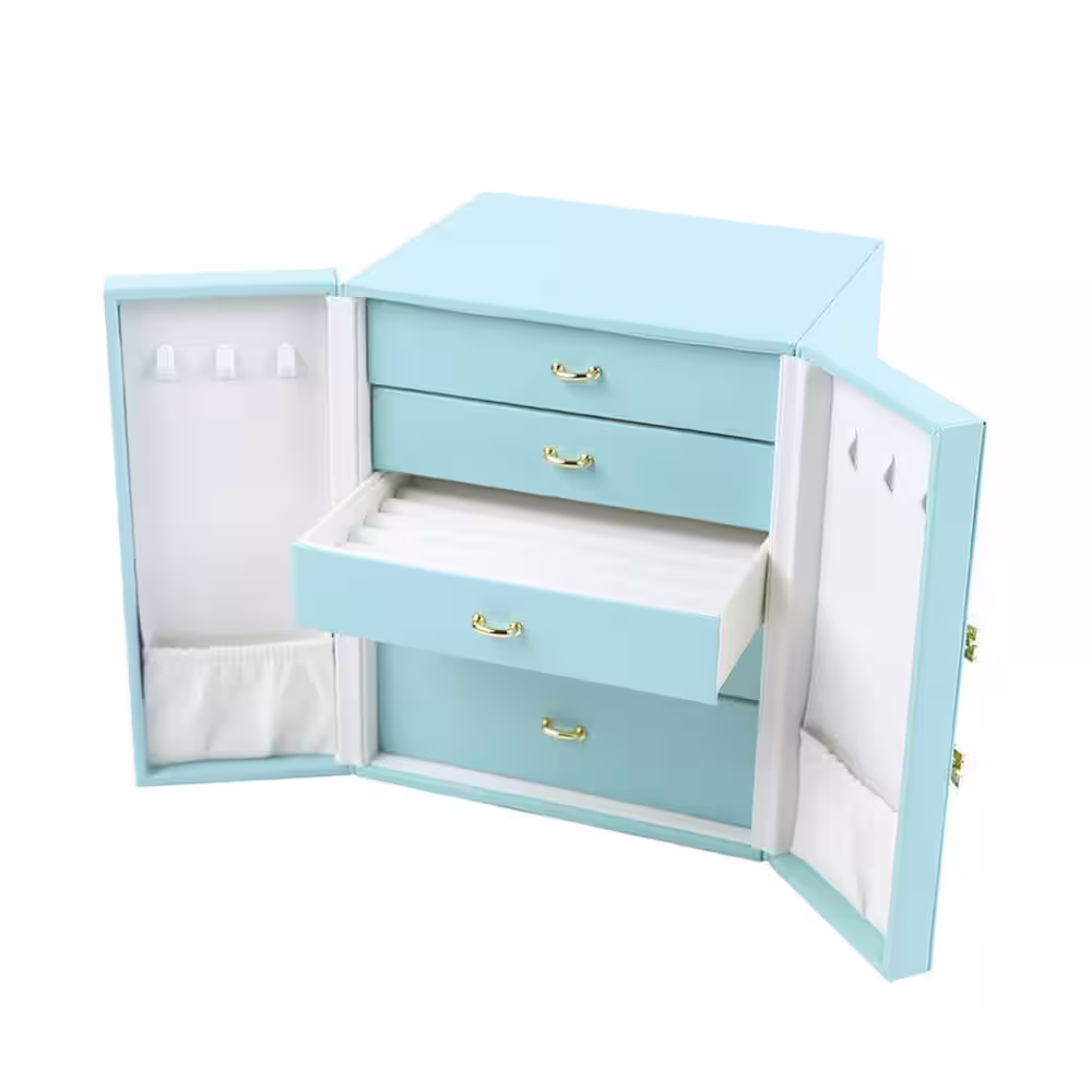 None Blue PU Leather Jewelry Storage Box with Drawers and Swing-Out Cabinets