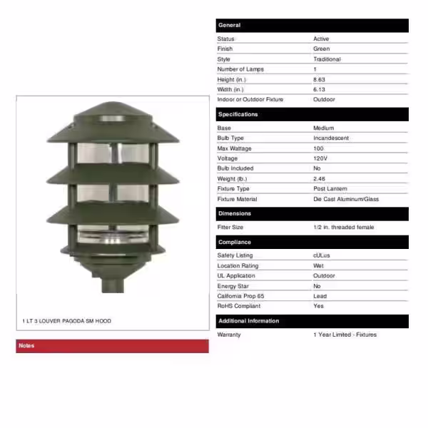 SATCO Nuvo Green Hardwired Water Resistant Path Light with No Bulbs Included