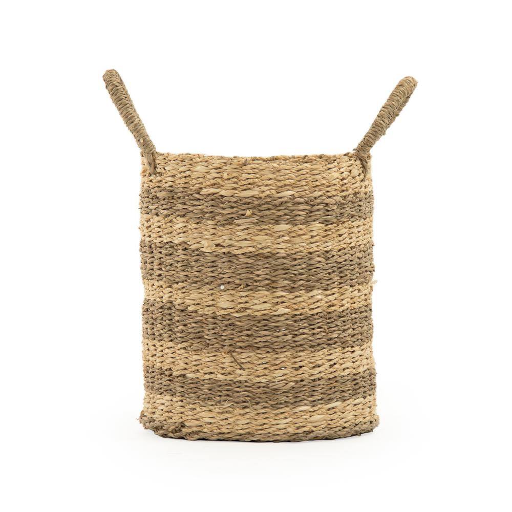 Zentique Cylindrical Handmade Woven Wicker Seagrass Palm Leaf Wire Small Basket with Stripes and Handles