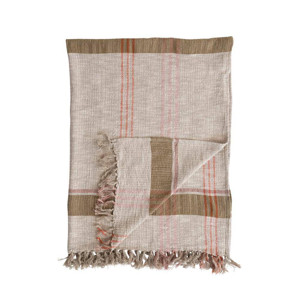 Storied Home Woven Cotton and Linen Multicolored Plaid Throw with Fringe