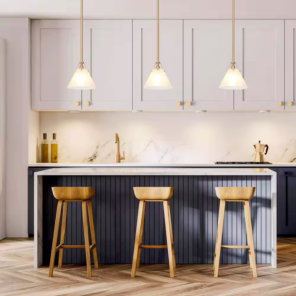 Uolfin Mid-Century Modern Cone Kitchen Island Pendant Light 1-Light Brass Gold Coastal Pendant Light with Frosted Glass Shade