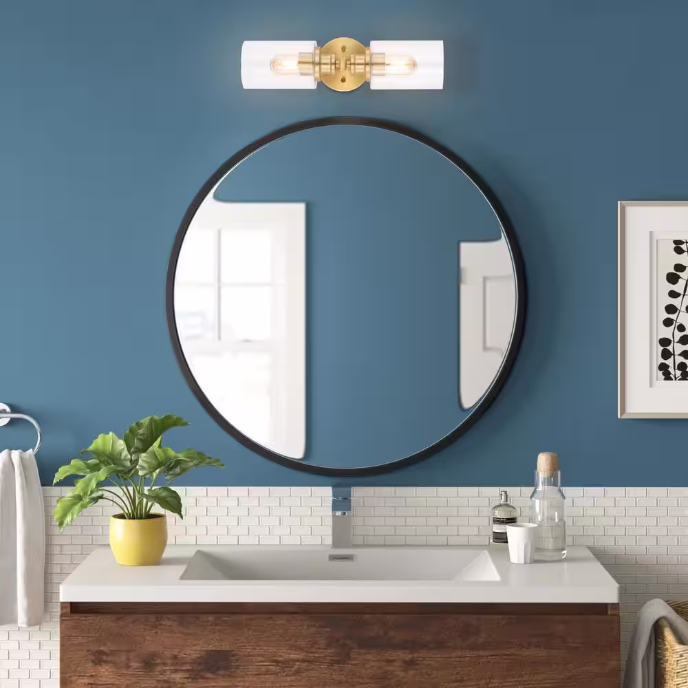 JONATHAN Y Jules Edison 16.5 in. 2-Light Brass Gold Cylinder Iron/Seeded Glass Farmhouse Contemporary LED Vanity Light