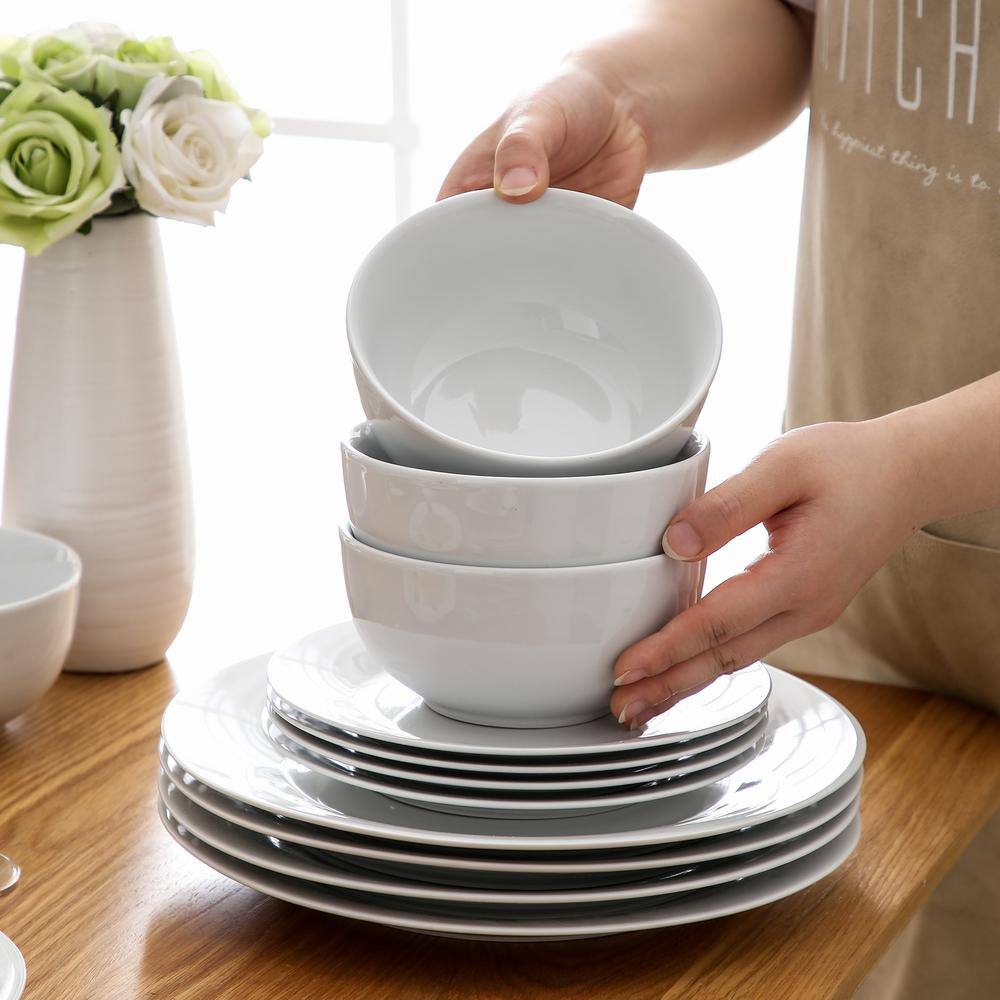 VEWEET Series Basic 18-Piece of White Porcelain Dinnerware Sets with Dinner Plate Dessert Plate Cereal Bowl (Service Set for 6)