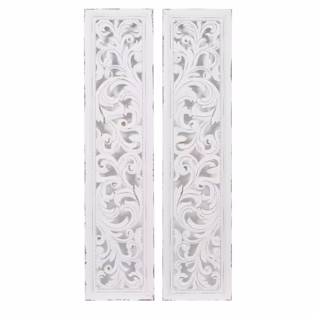 Litton Lane Wood White Intricately Carved Scroll Floral Wall Decor (Set of 2)