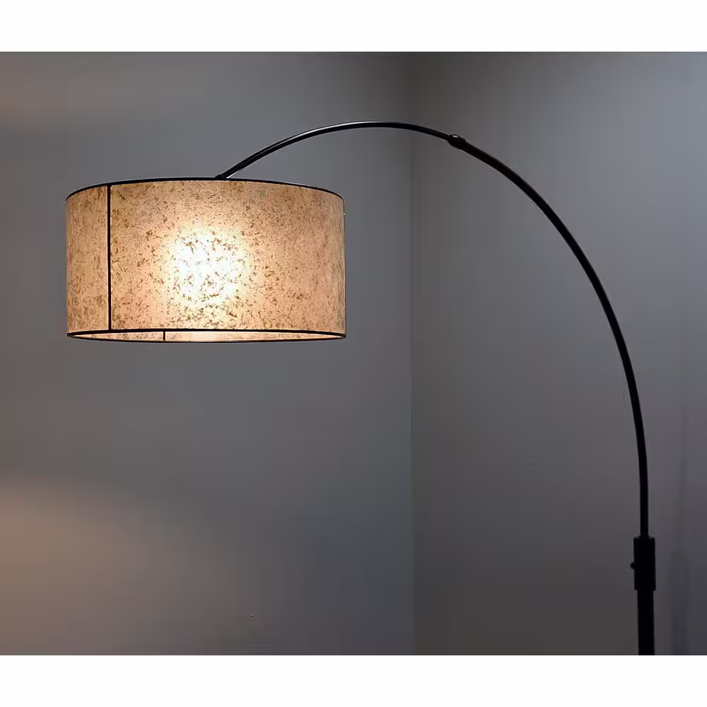 HomeGlam Orbita 82 in. Dark Bronze Furnish LED Dimmable Retractable Arch Floor Lamp, Bulb Included with Drum Mica Shade