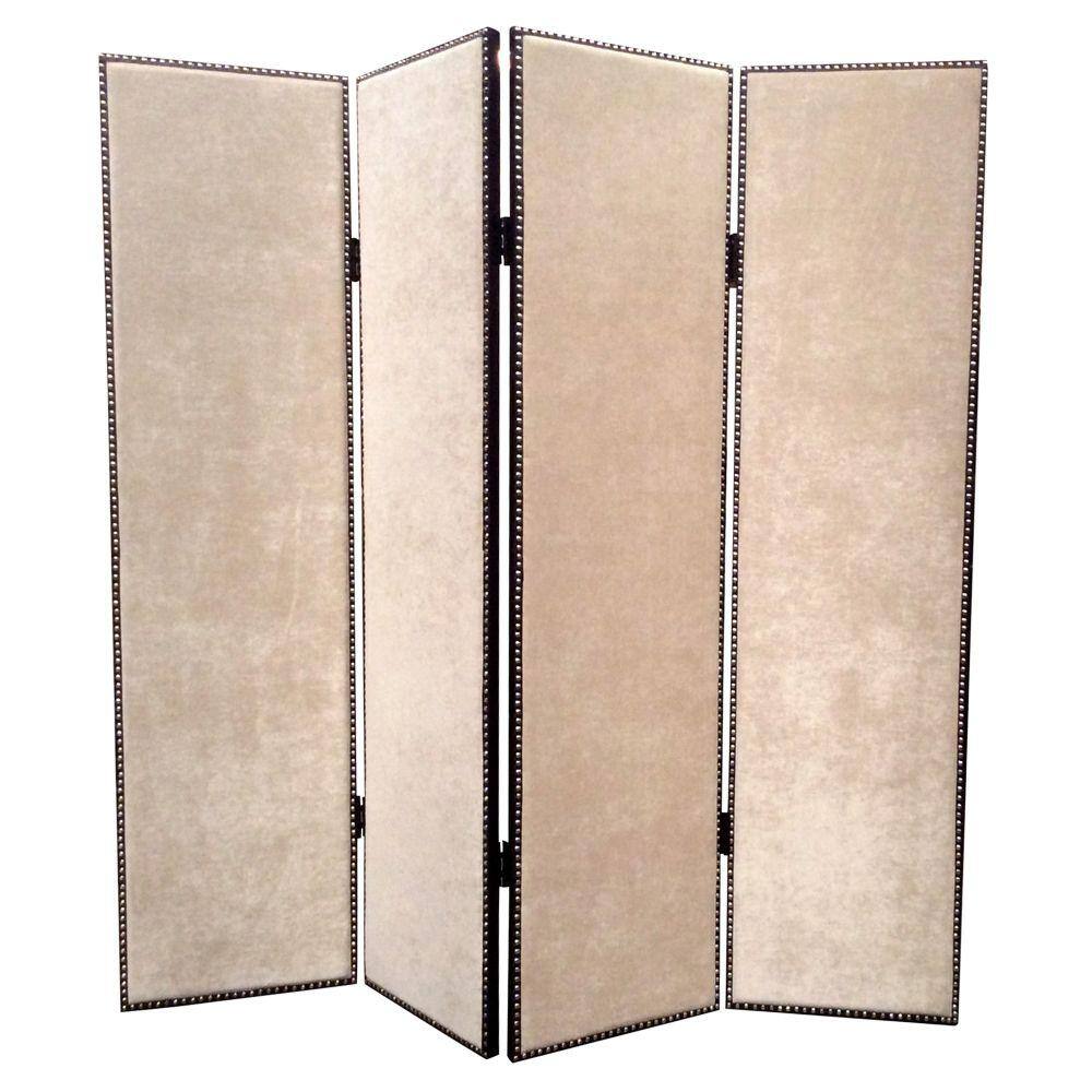 Benjara Beige and Black 4 Panel Foldable Fabric Screen with Nailhead Trims