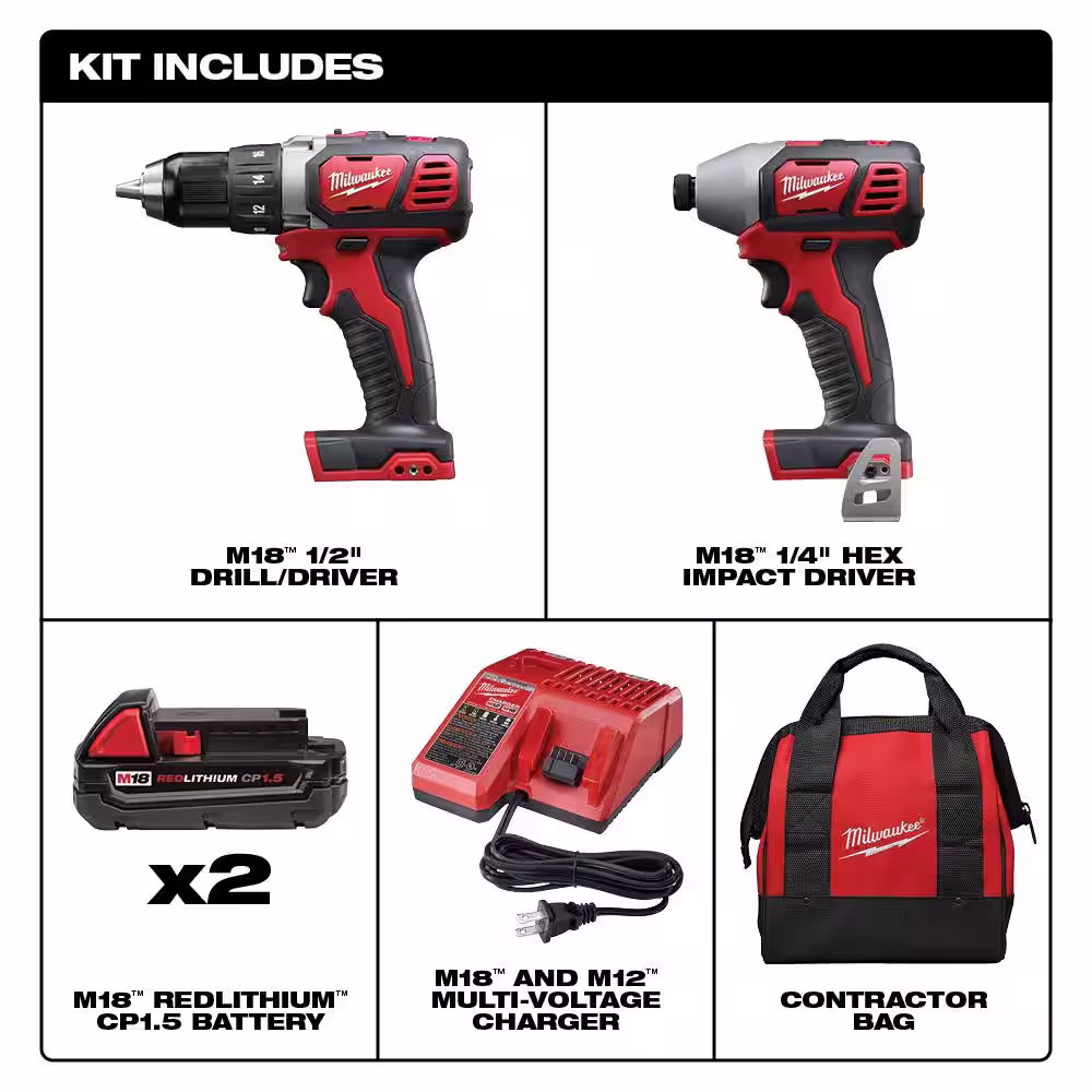 Milwaukee M18 18-Volt Lithium-Ion Cordless Drill Driver/Impact Driver Combo Kit (2-Tool) W/Two 1.5Ah Batteries & Tower Light