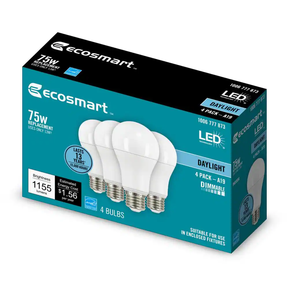 EcoSmart 75-Watt Equivalent A19 Dimmable LED Light Bulb Daylight (4-Pack)