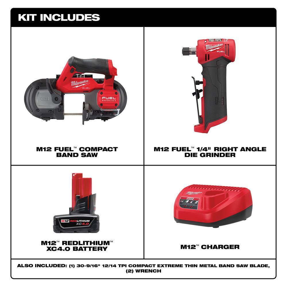Milwaukee M12 FUEL 12-Volt Lithium-Ion Cordless Compact Band Saw & M12 FUEL 1/4 in. Right Angle Die Grinder with Battery & Charger