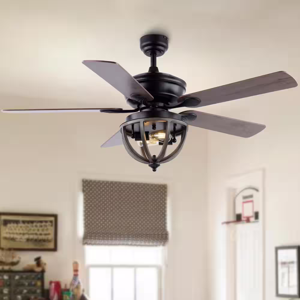JONATHAN Y Jasper 52 in. 2-Light Black Farmhouse Industrial Iron Dome Shade LED Ceiling Fan with Remote