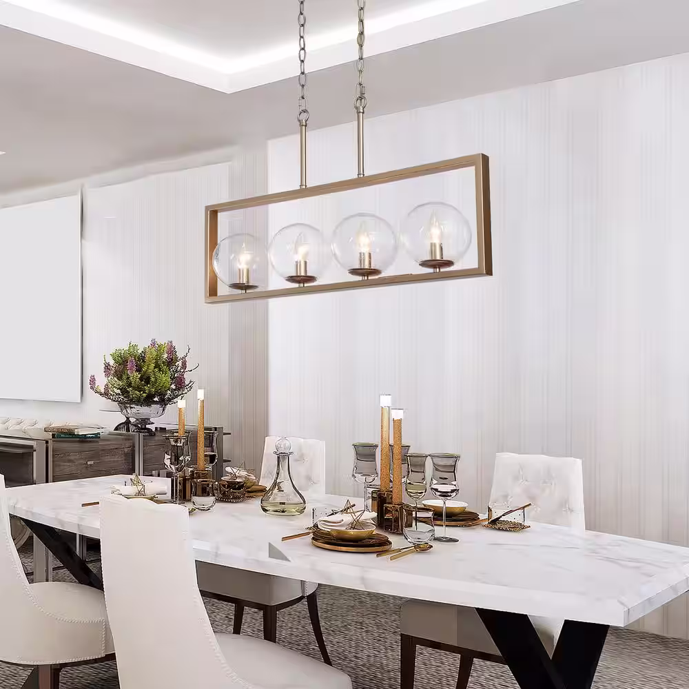 Uolfin Modern Gold Kitchen Island Chandelier, 30 in. 4-Light Farmhouse Brass Globe Dining Living Room Chandelier Pendant Light