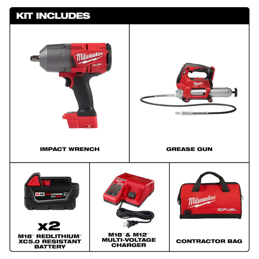 Milwaukee M18 FUEL 18V Lithium-Ion Brushless Cordless 1/2 in. High-Torque Impact Wrench with Grease Gun Kit, Resistant Batteries