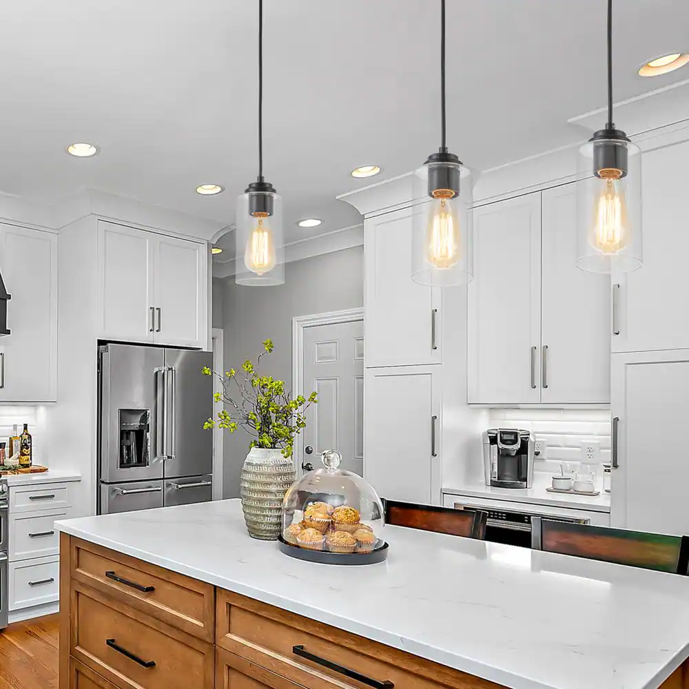 None 1-Light Black Island Pendant Light with Cylinder Clear Glass(3-Pack)